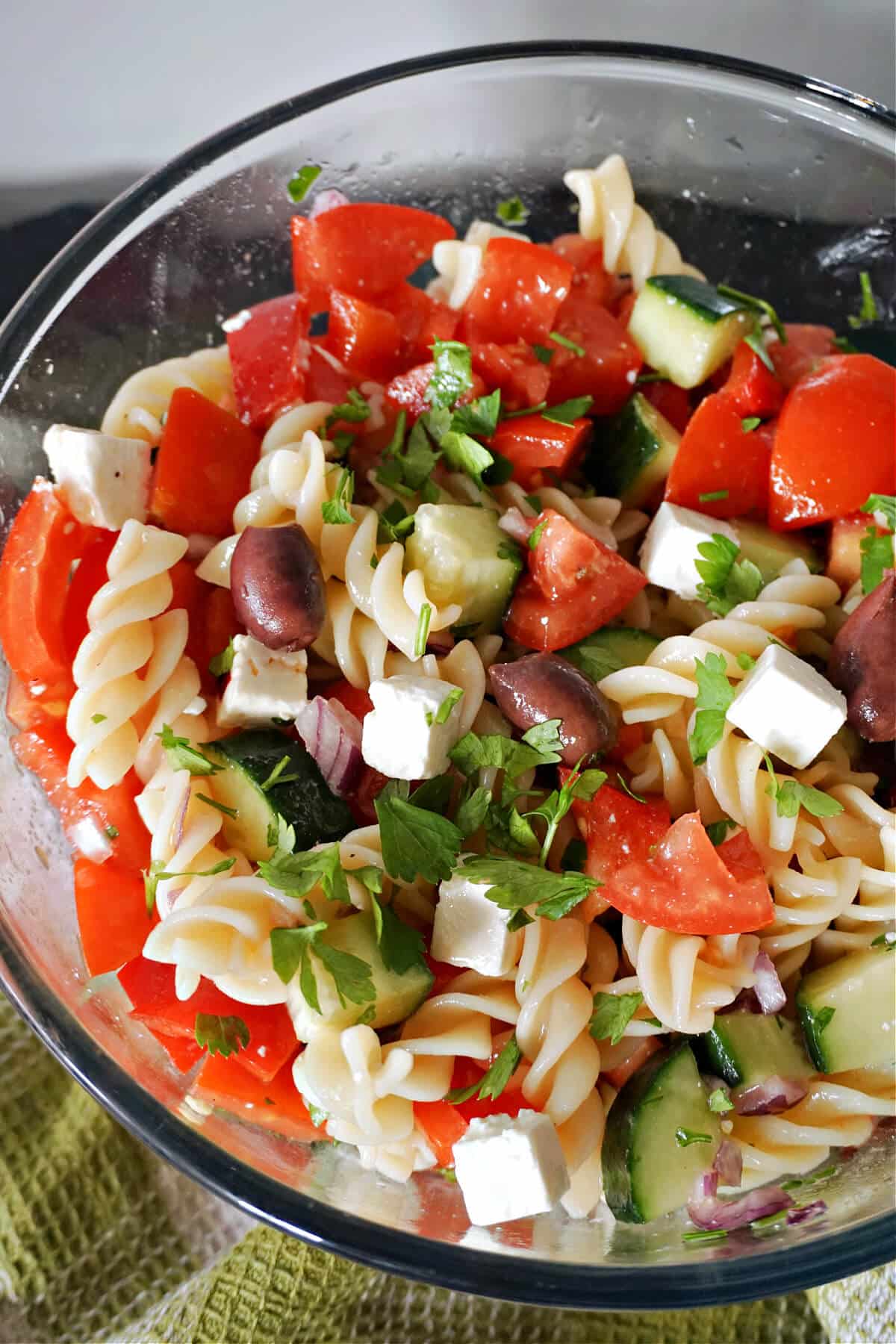A bowl with pasta salad.