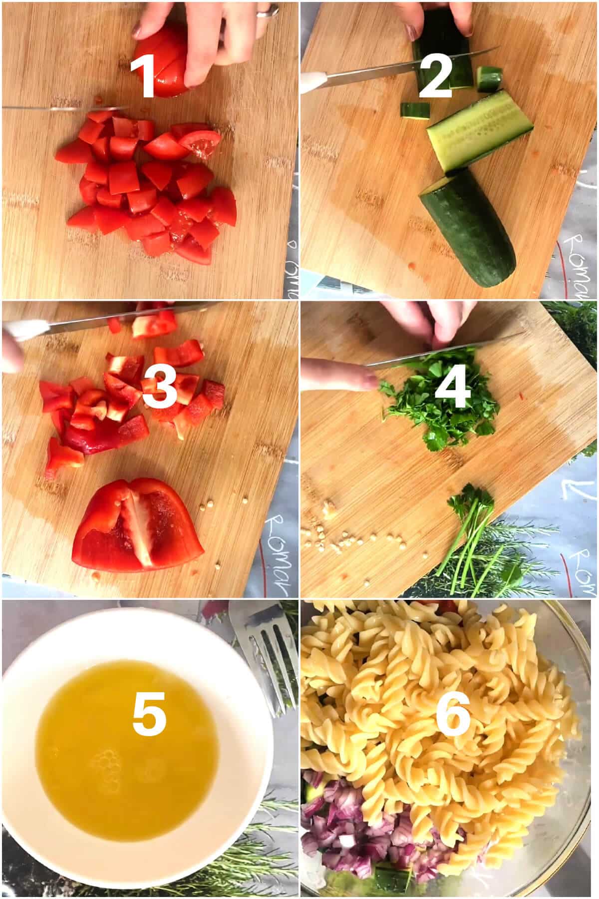 Collage of 6 photos to show how to make pasta salad.