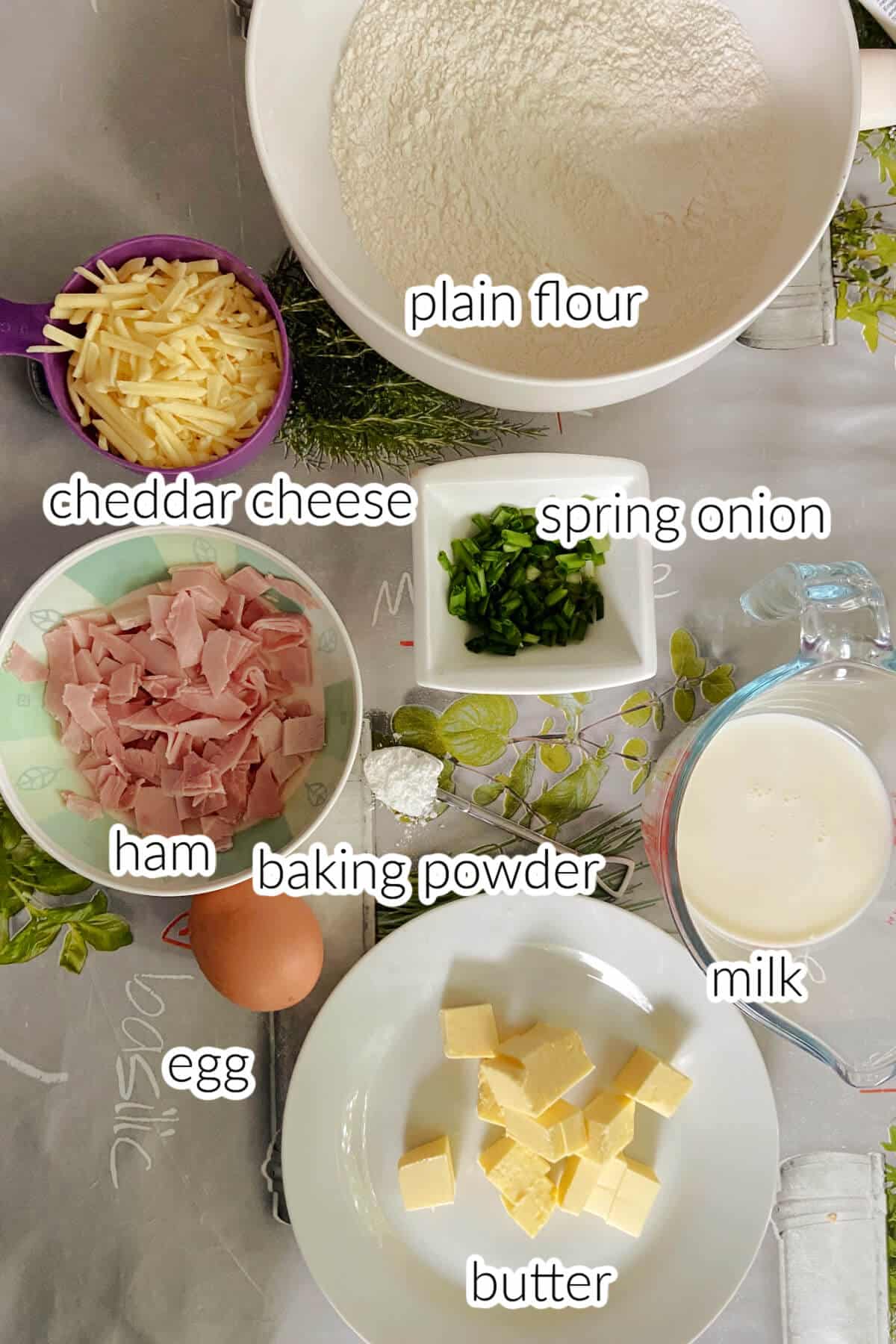 Ingredients needed to make savoury waffles.