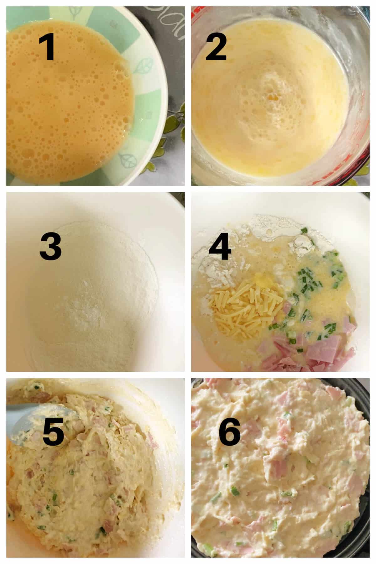 Collage of 6 photos to show how to make ham and cheese waffles.