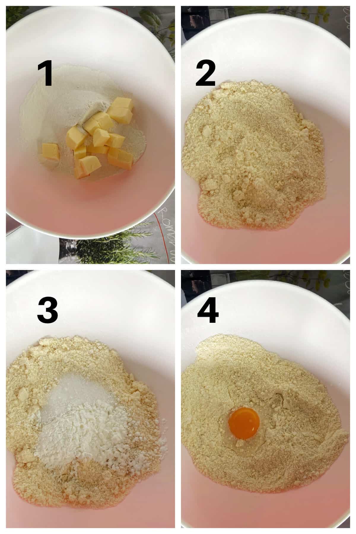 Collage of 4 photos to show how to make sweet shortcrust pastry.