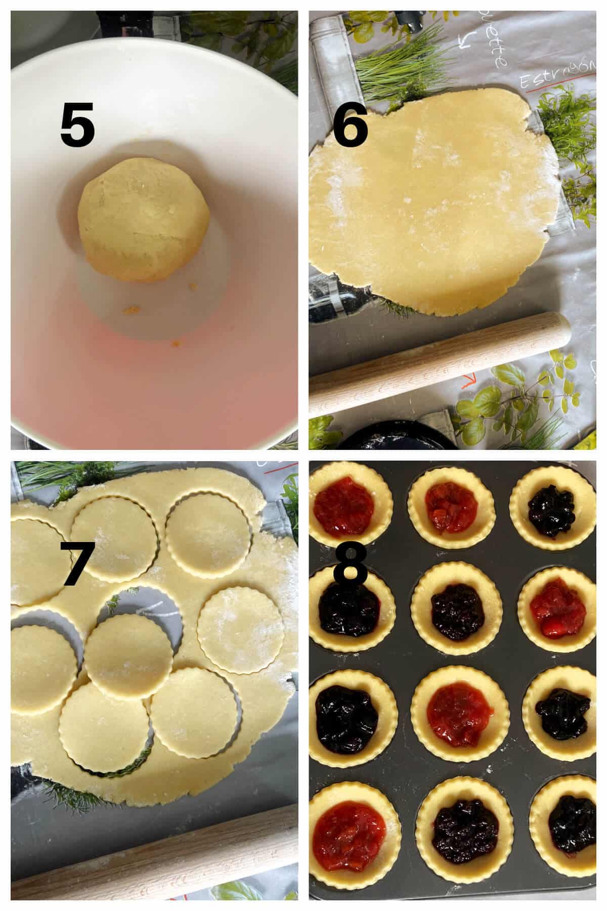 Collage of 4 photos to show how to make jam tarts.