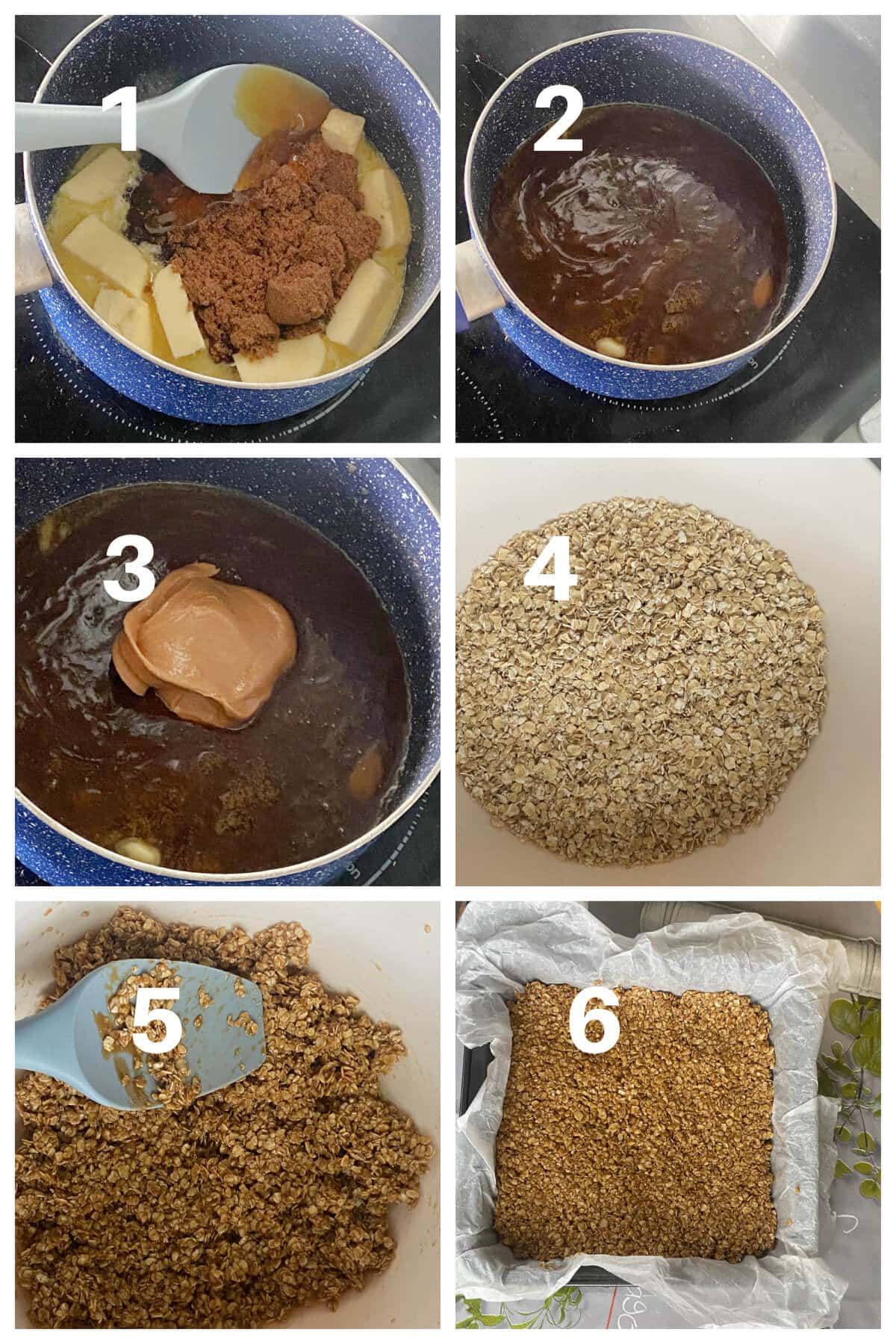 Collage of 6 photos to show how to make peanut butter flapjacks.