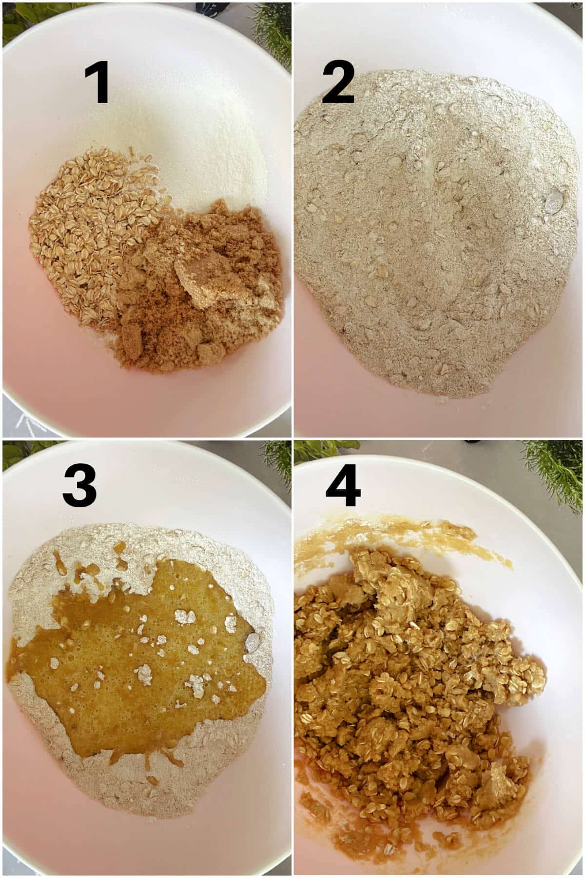 Collage of 4 photos to show how to make the crumble for strawberry crumb bars.