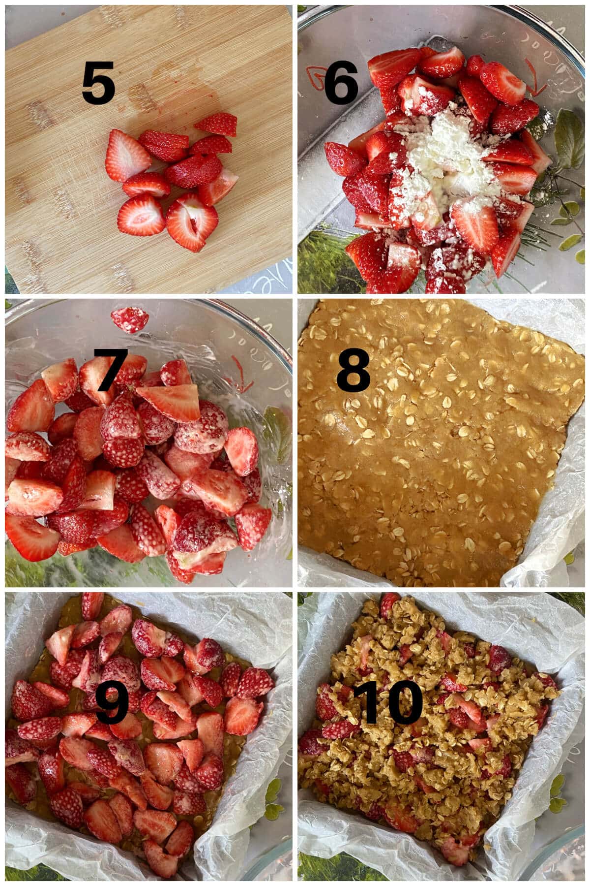 Collage of 6 photos to show how to assemble the strawberry crumble bars.