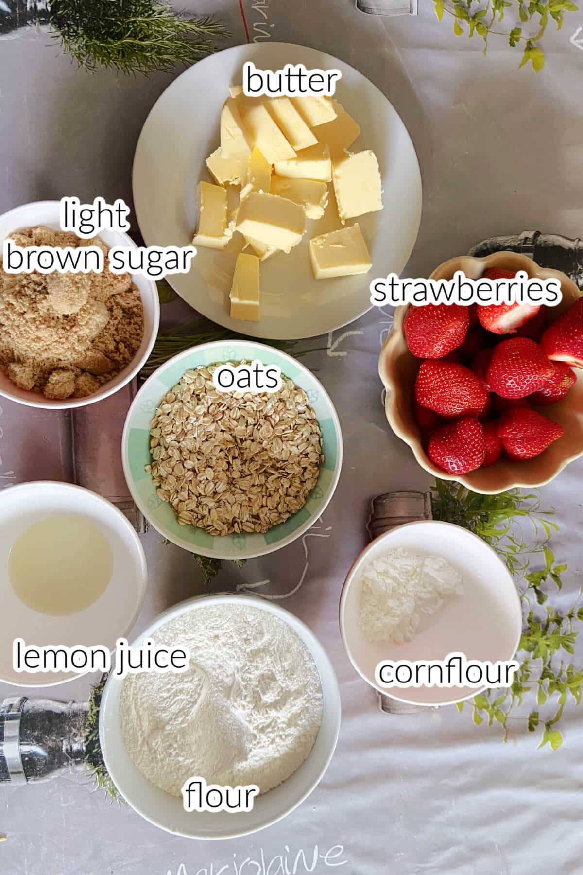 Ingredients used to make strawberry crumble bars.