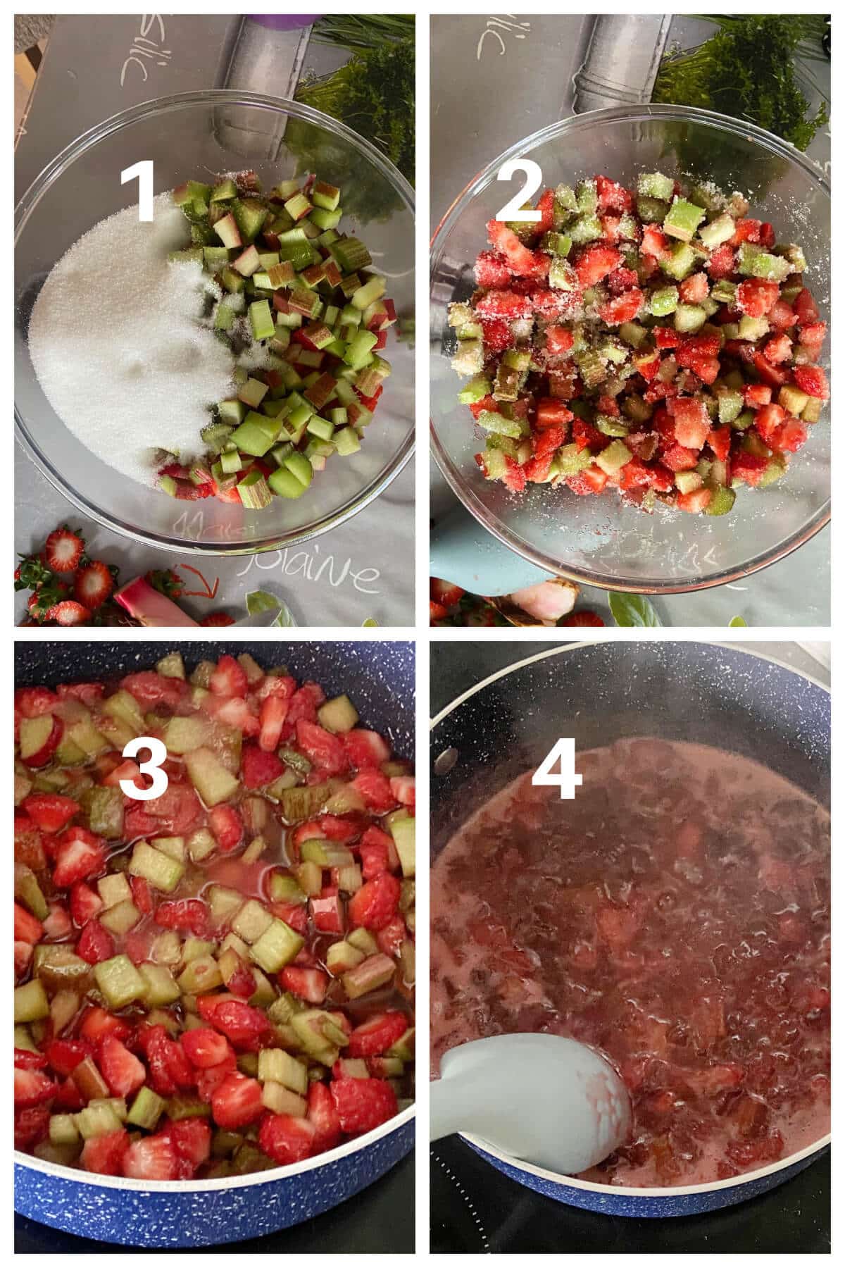 Collage of 4 photos to show how to make jam with strawberries and rhubarb.