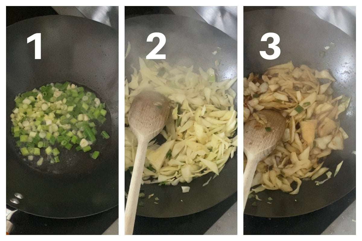 Collage of 3 photos to show how to make white cabbage stir fry.