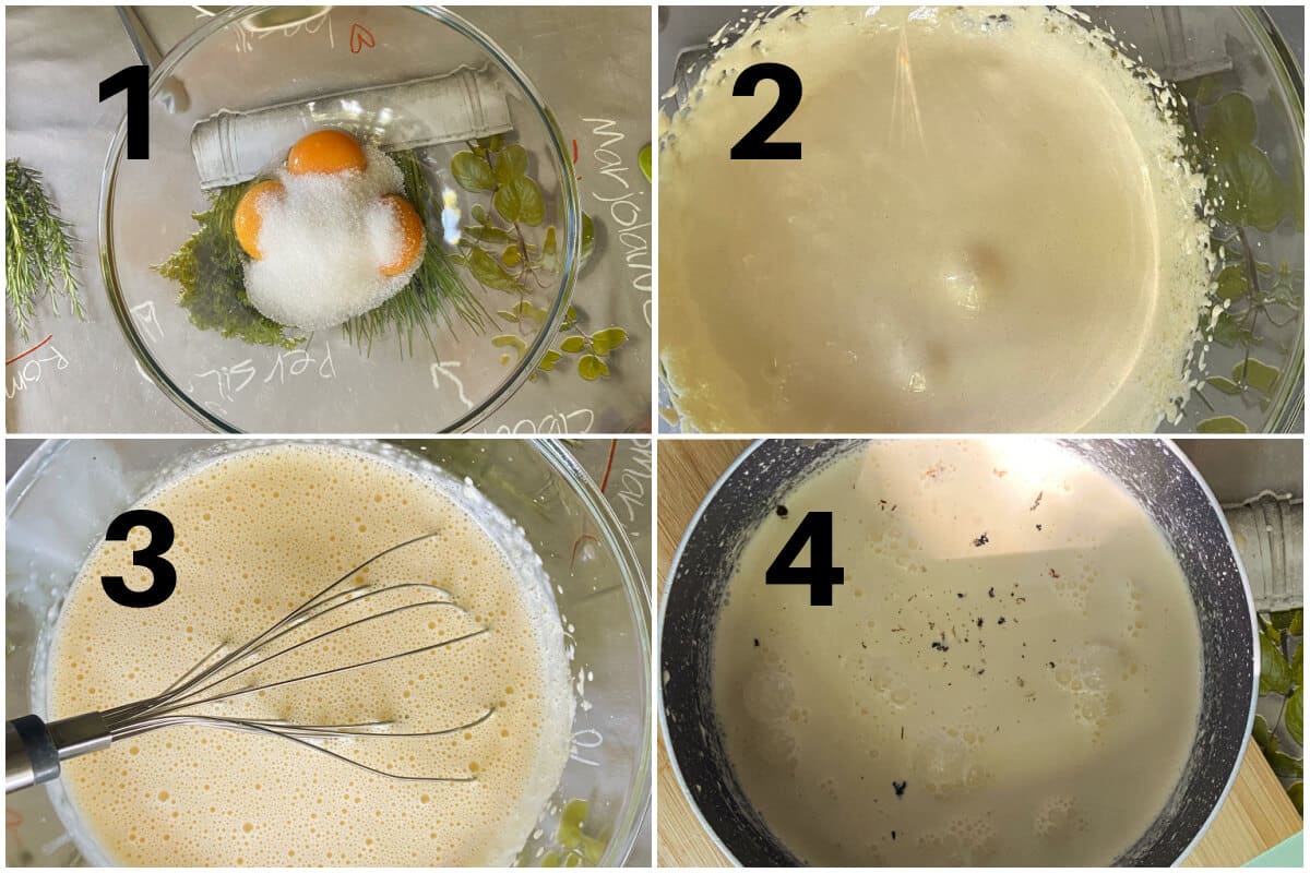 Collage of 4 photos to show how to make vanilla ice cream.