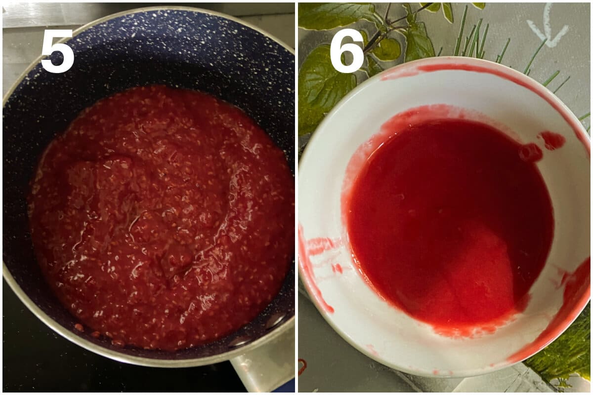 Collage of 2 photos to show how to make raspberry puree.