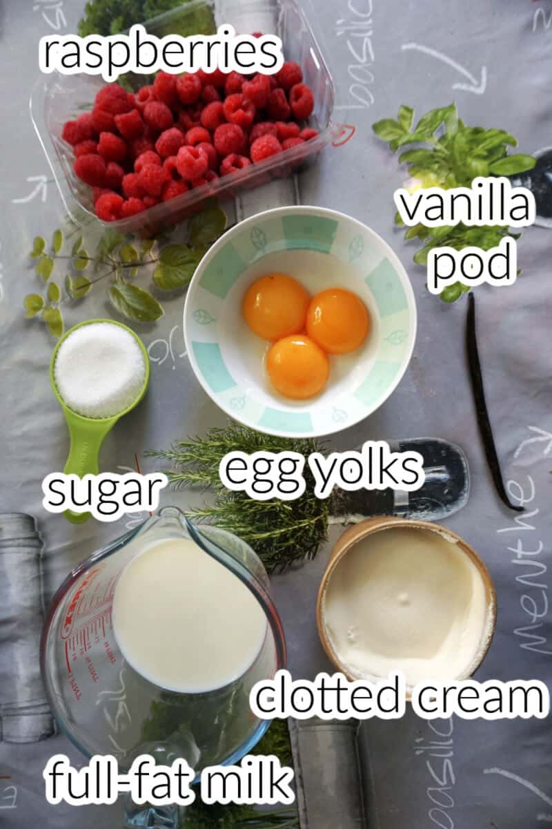 Ingredients needed to make raspberry ripple clotted cream ice cream.