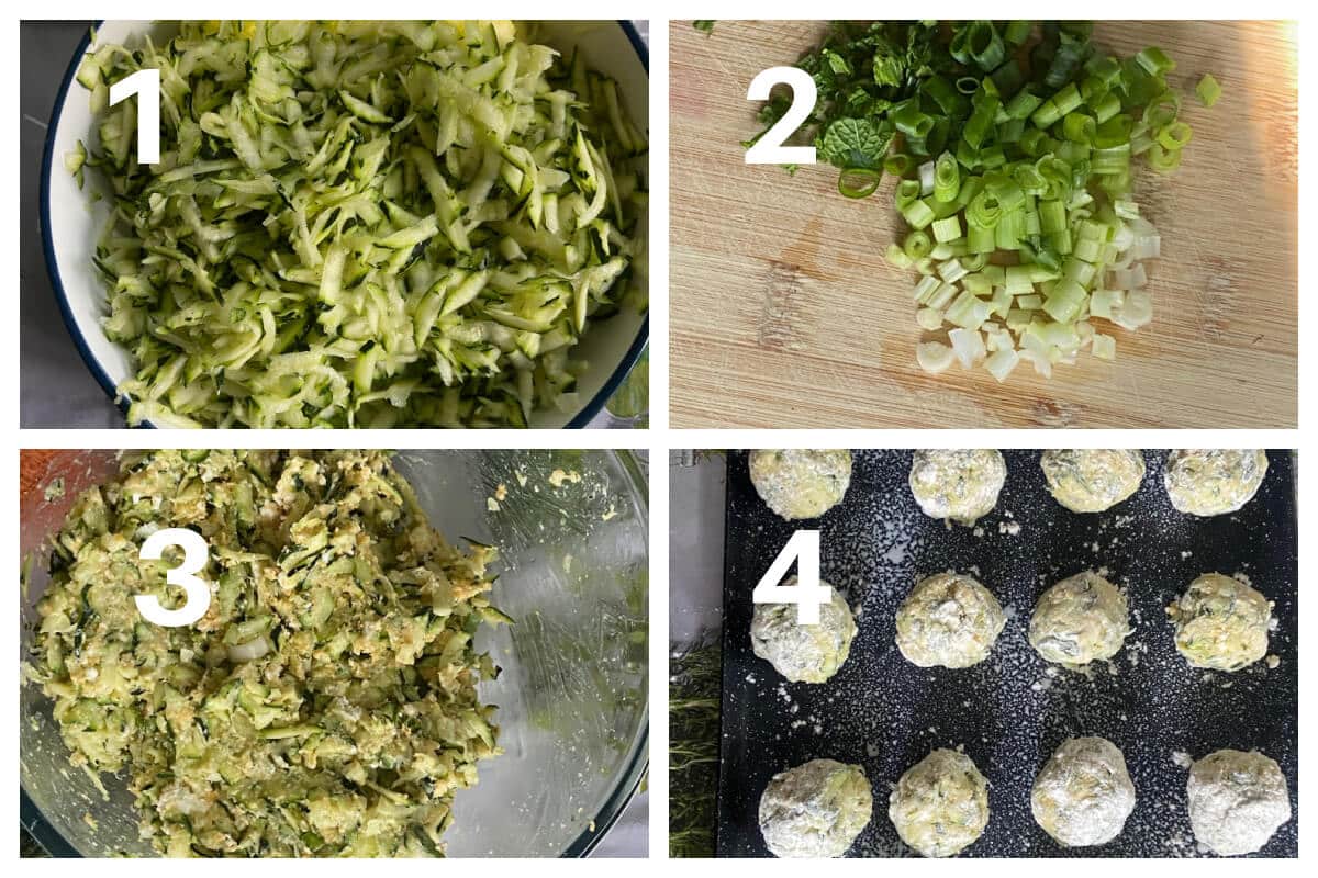 Collage of 4 photos to show how to make courgette balls.