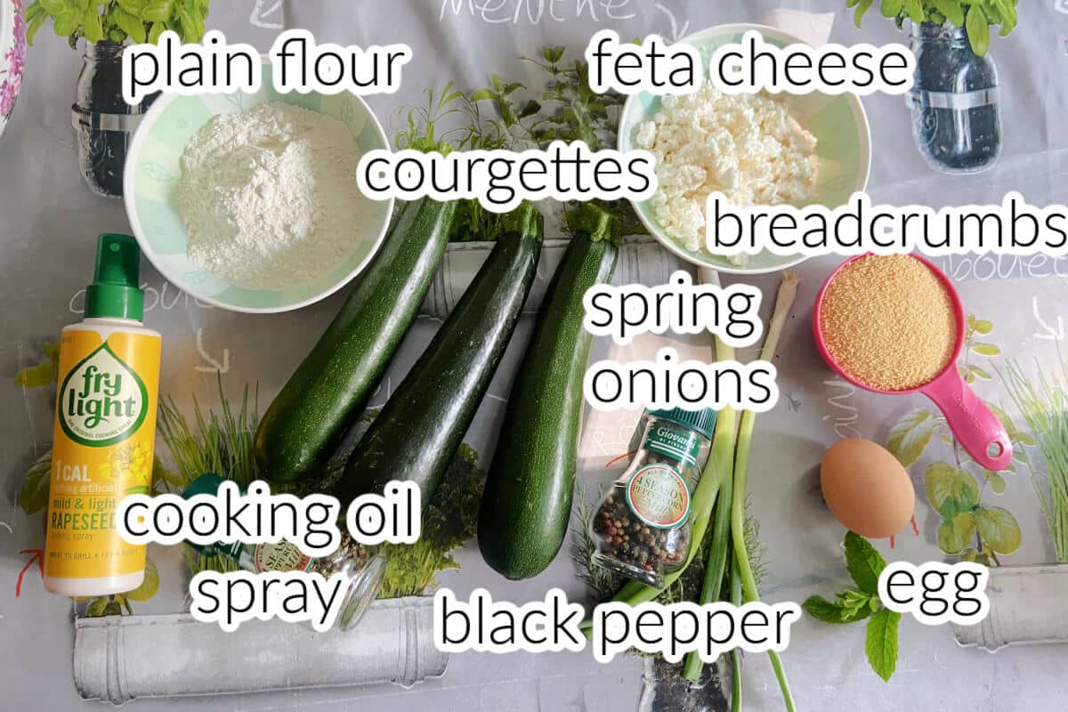 Ingredients needed to make zucchini balls.