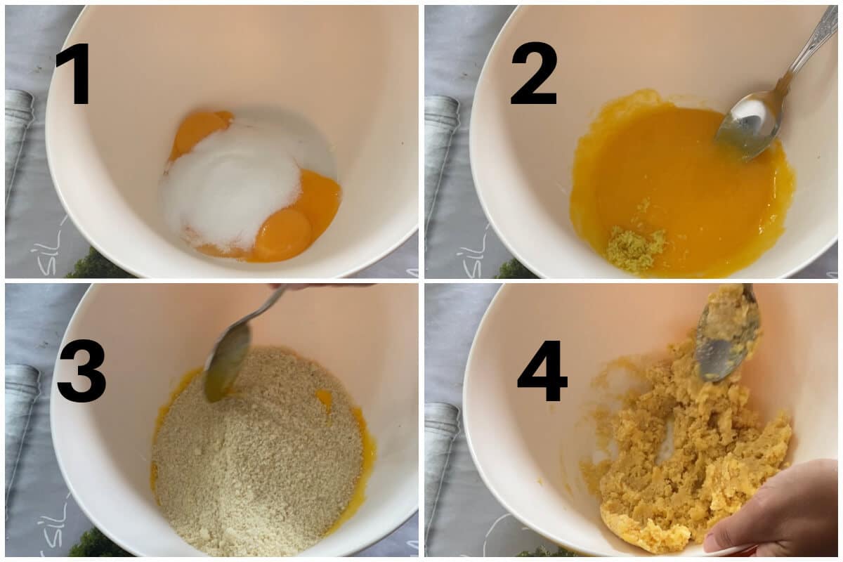 Collage of 4 photos to show how to make almond sponge.