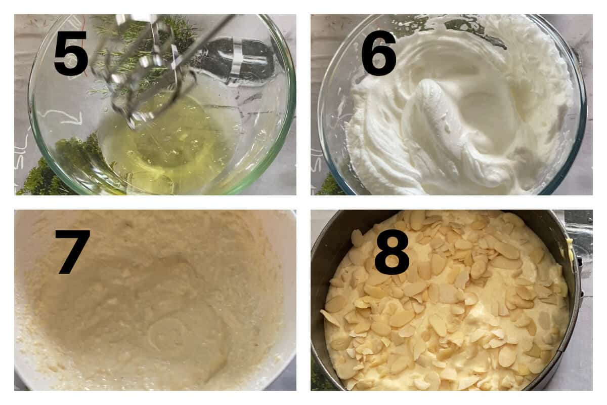 Collage of 4 photos to show how to make almond sponge cake.