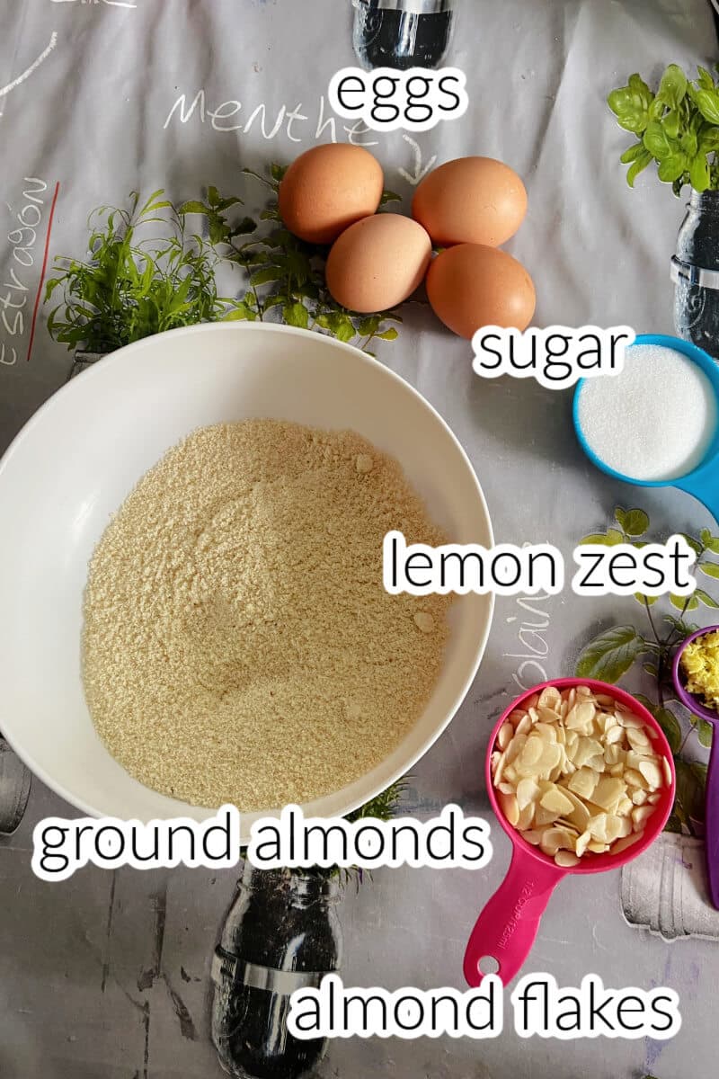 Ingredients needed to make almond cake sponge.