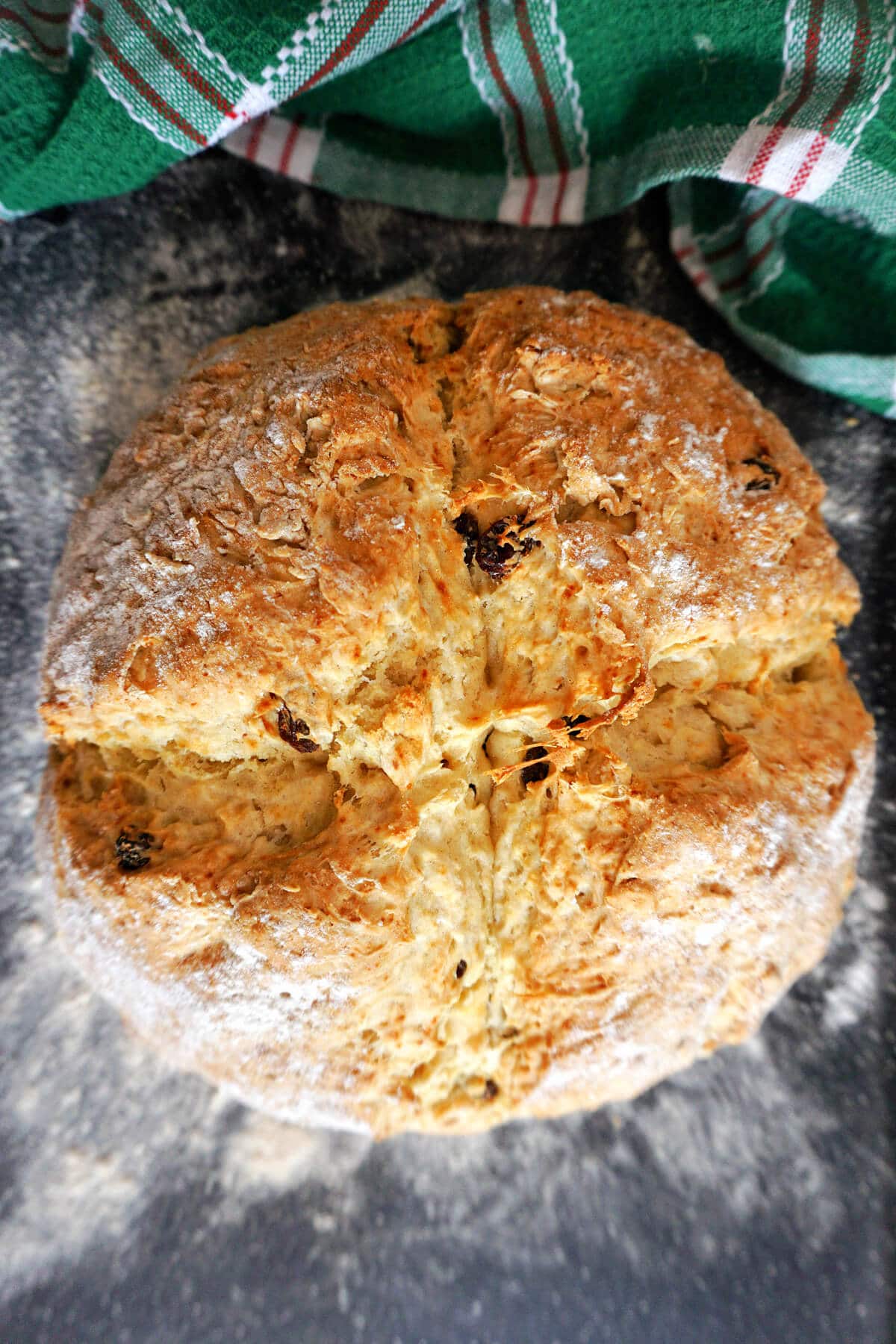 A fruit round loaf on a baking tray.