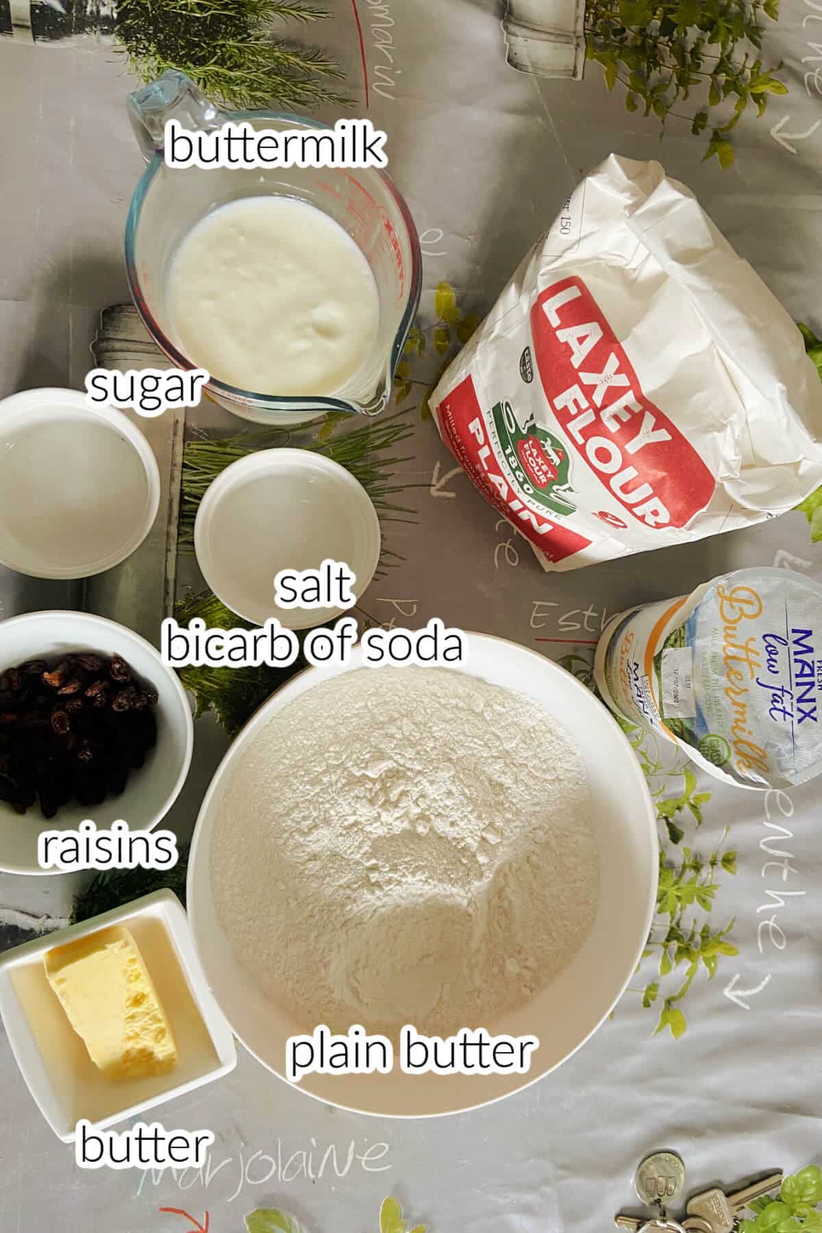 Ingredients needed to make Manx fruit loaf.