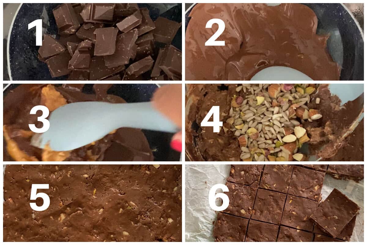 Collage of 6 photos to show how to make chocolate peanut butter crunch bars.