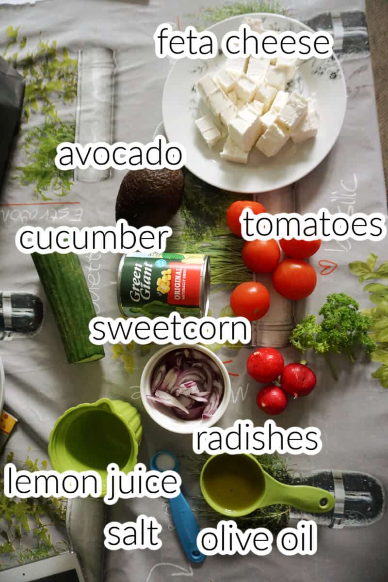 Ingredients used to make corn and avocado salad.