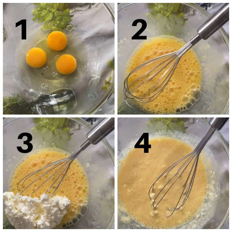 Collage of 4 photos to show how to make cottage cheese pancakes.