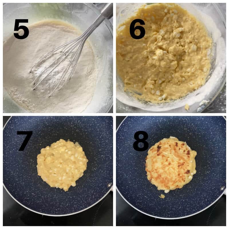 Collage of 4 photos to show how to make pancakes.
