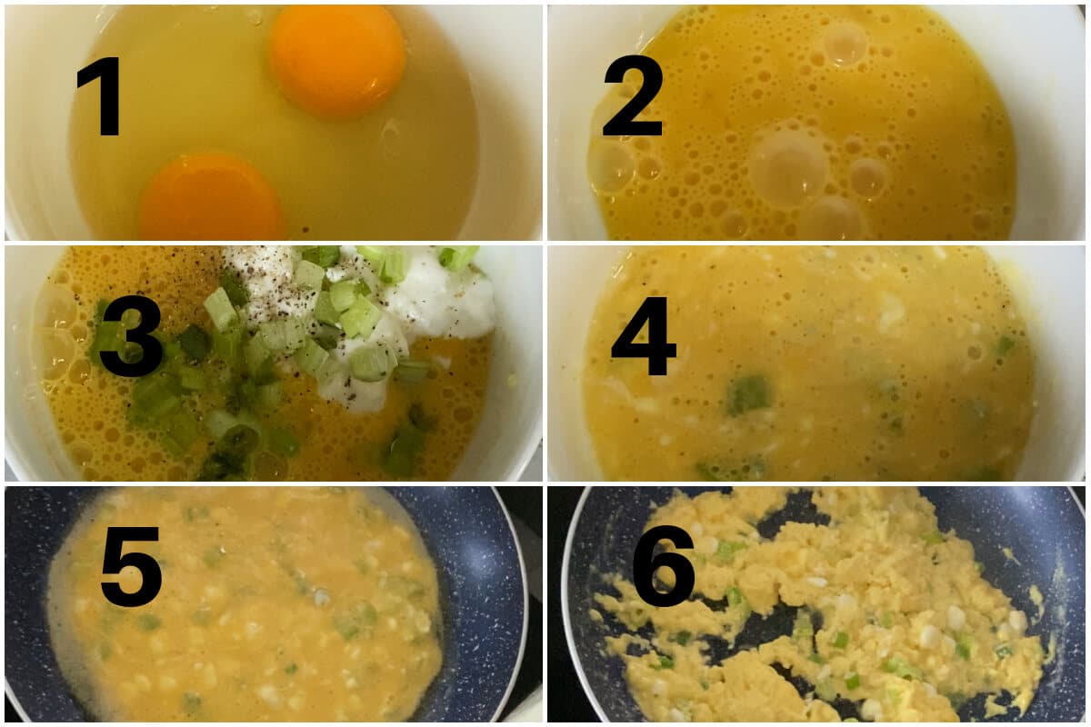 Collage of 6 photos to show how to make scrambled eggs with cottage cheese.