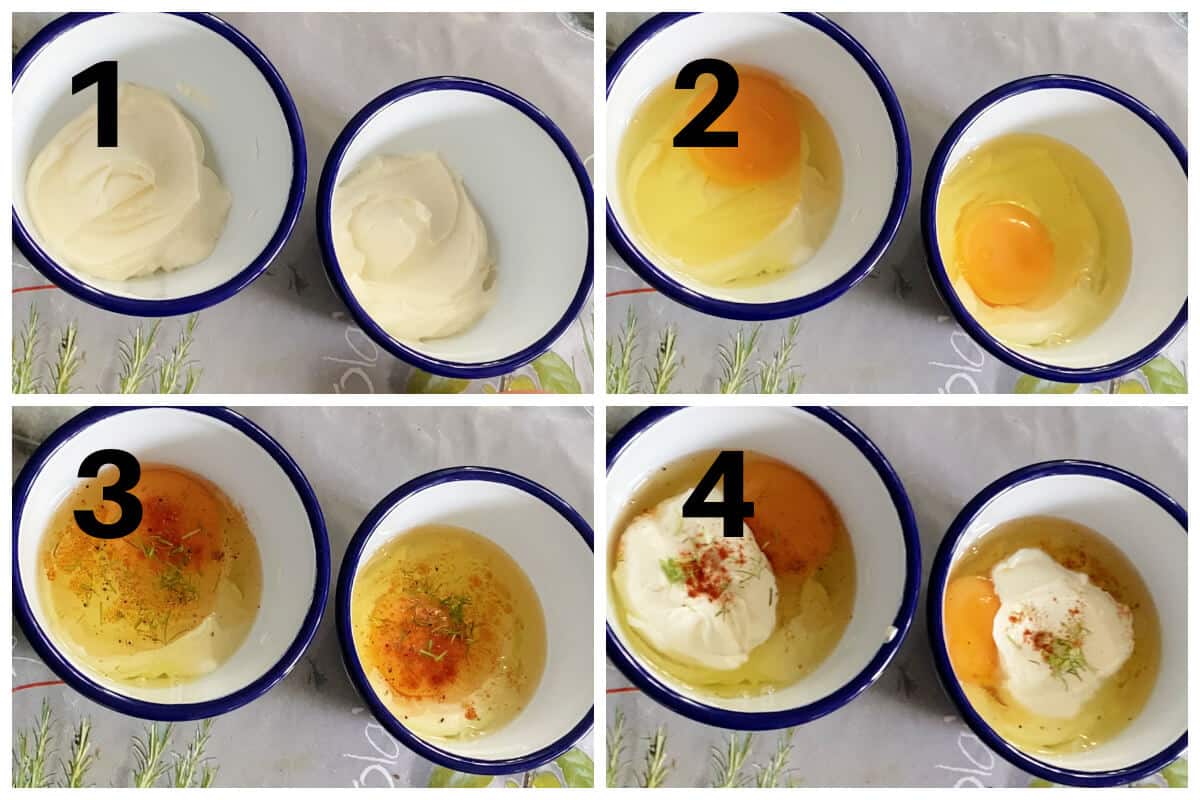 Collage of 4 photos to show how to make baked eggs with creme fraiche.
