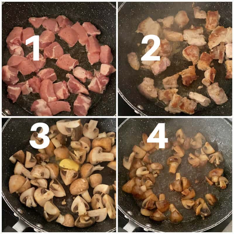 Collage of 4 photos to show how to make stroganoff with pork fillets.