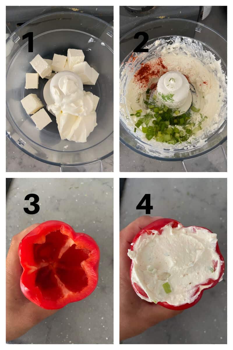 Collage of 4 photos to show how to make cheese stuffed peppers.