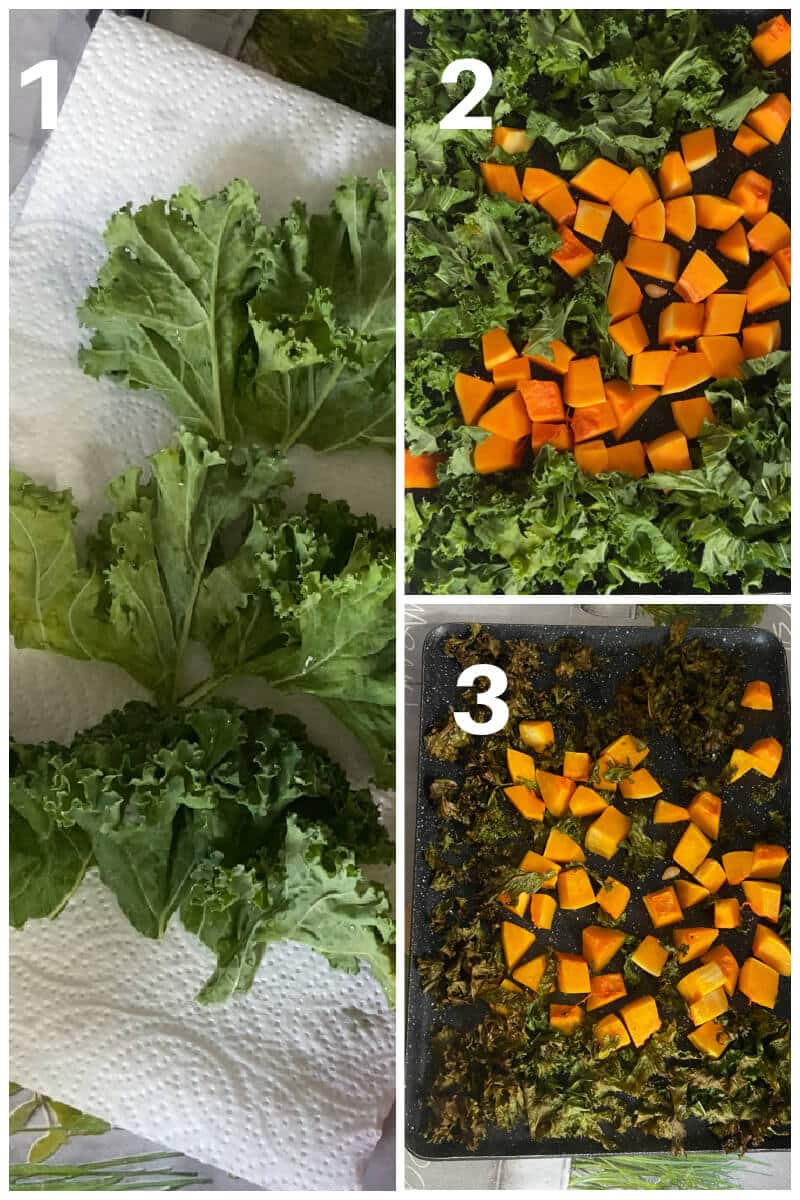 Collage of 3 photos to show how to roast butternut squash and kale.