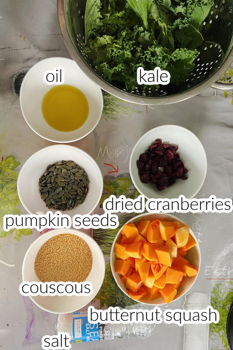 Ingredients used to make kale and butternut squash salad.