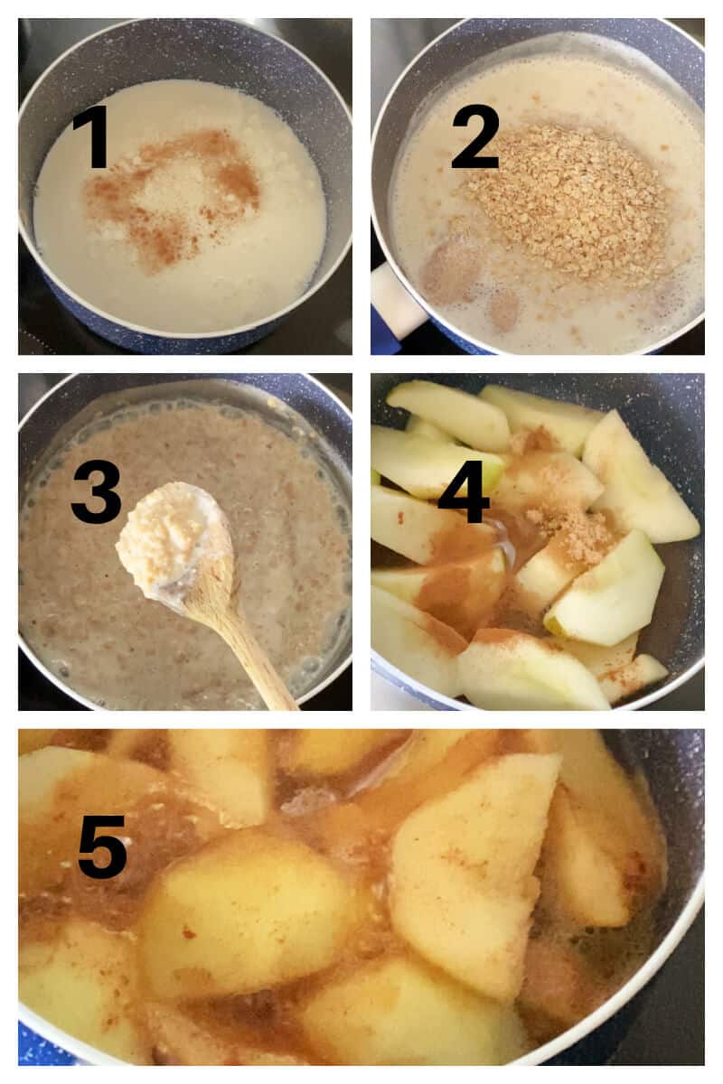 Collage of 5 photos to show how to make porridge with apple and cinnamon compote.