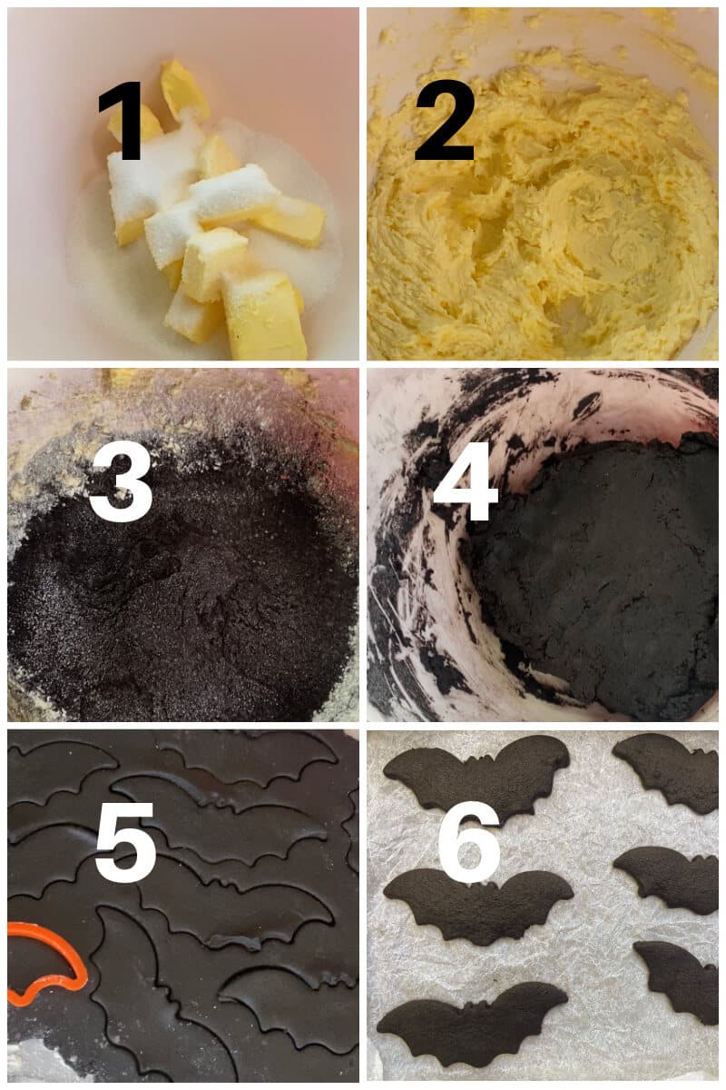 Collage of 6 photos to show how to make Halloween bat cookies.