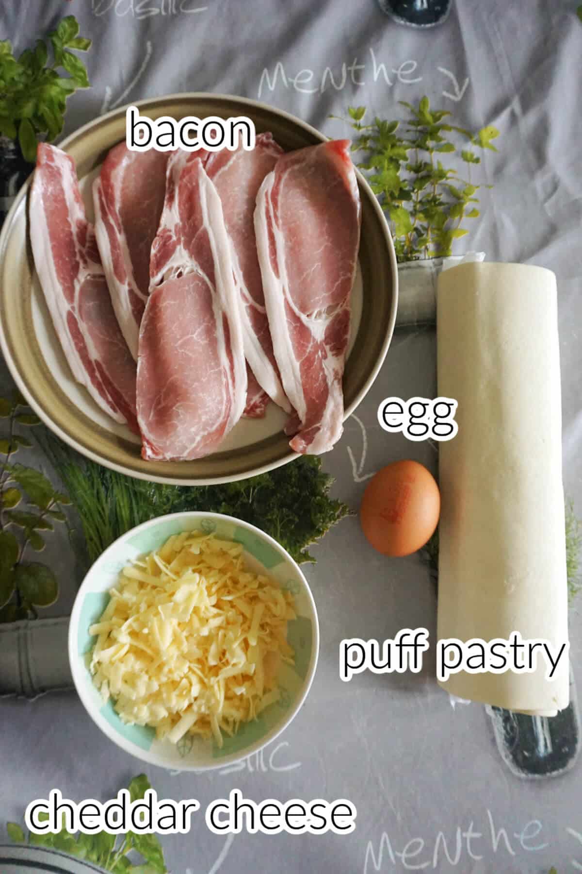 Ingredients used to make cheese and bacon turnovers.