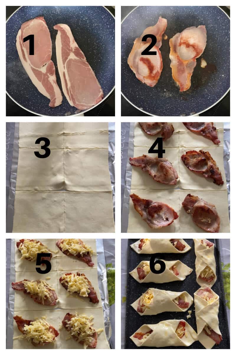 Collage of 6 photos to show how to make cheese and bacon turnovers.
