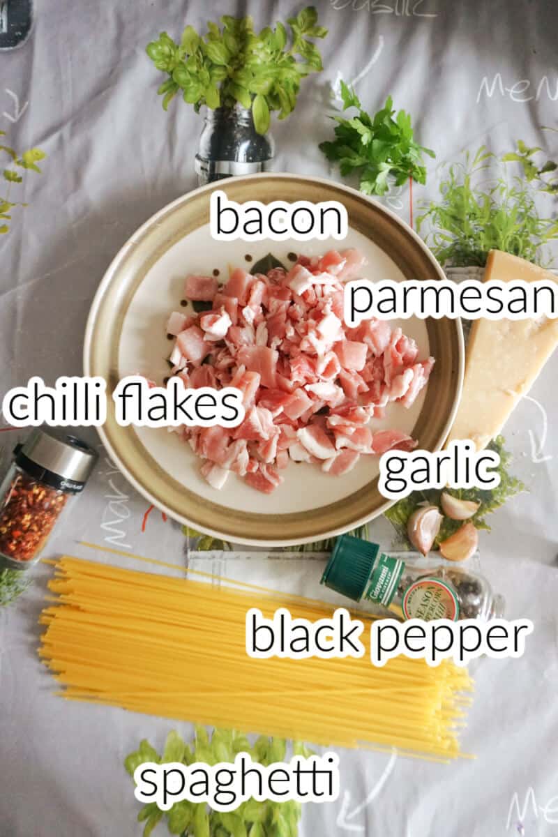 Ingredients used to make bacon and garlic spaghetti.