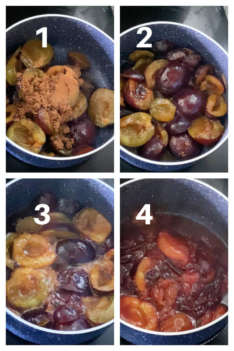 Collage of 4 photos to show how to make compote with fresh plums.