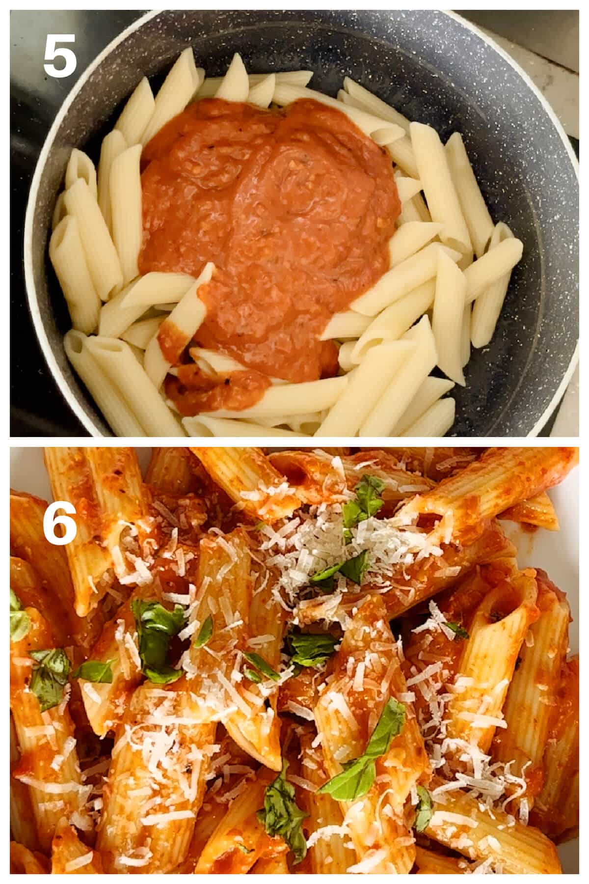 Collage of 2 photos to show how to assemble the pasta dish.
