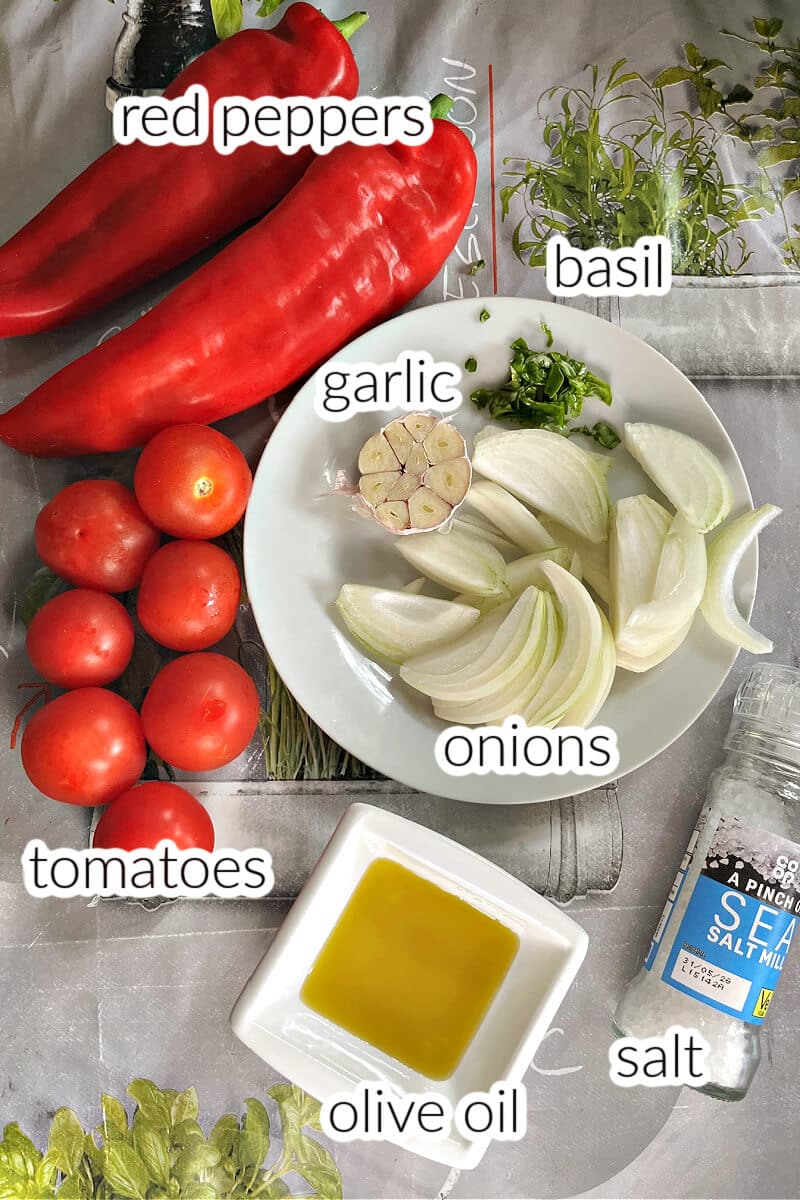 Ingredients used to make red pepper pasta sauce.
