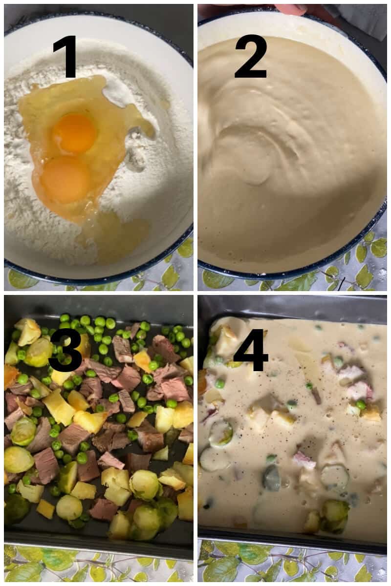 Collage of 4 photos to show how to make toad in the hole using leftovers.