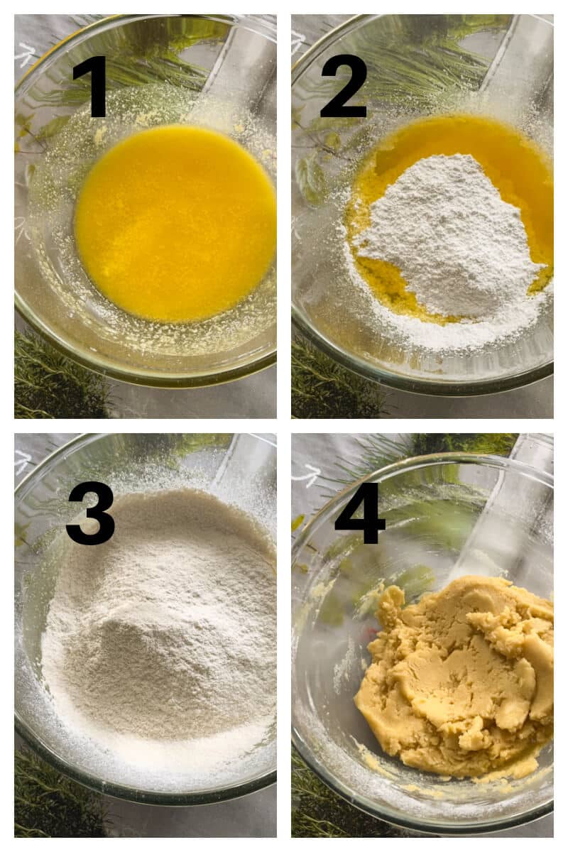 Collage of 4 photos to show how to make butter cookies with 3 ingredients.