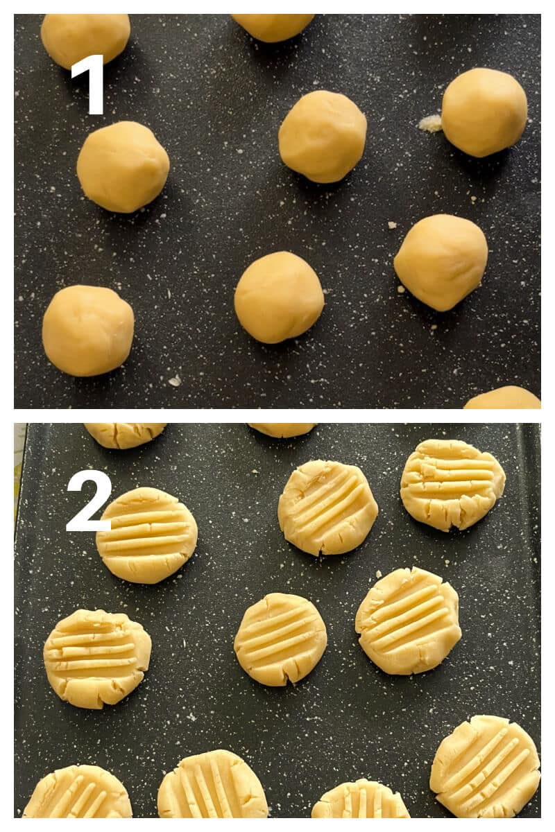 Collage of 2 photos to show how to shape butter cookies.