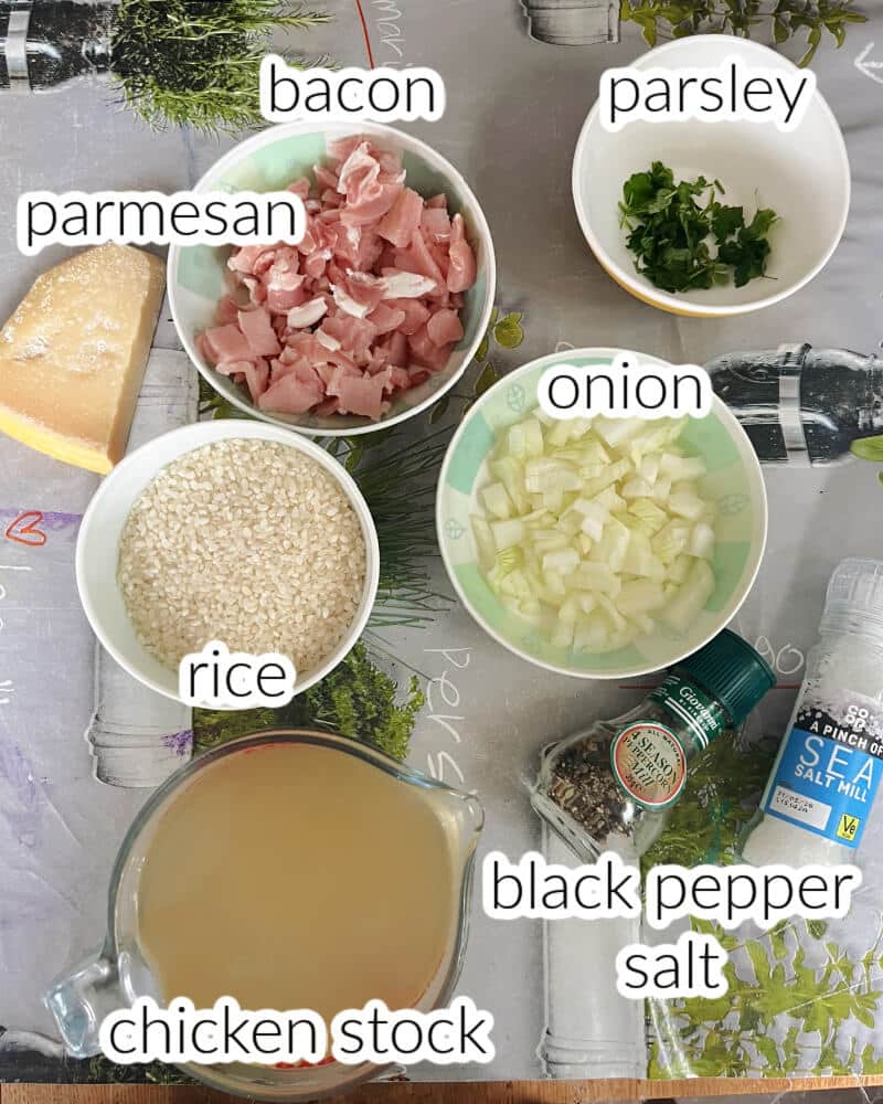 Ingredients needed to make bacon risotto.