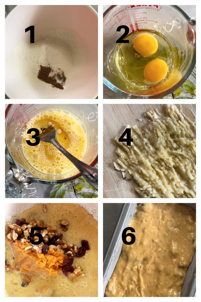Collage of 6 photos to show how to make healthy banana pumpkin bread.