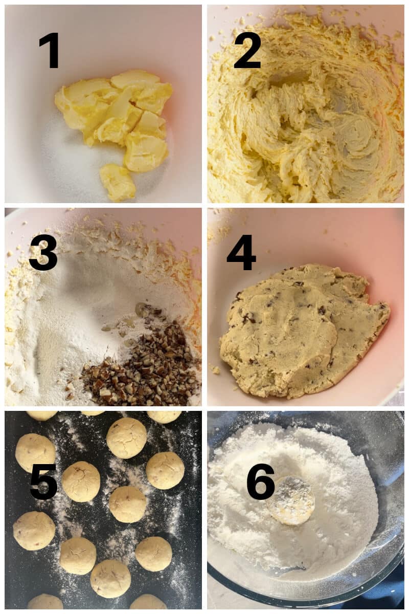 Collage of 6 photos to show how to make pecan snowball cookies.