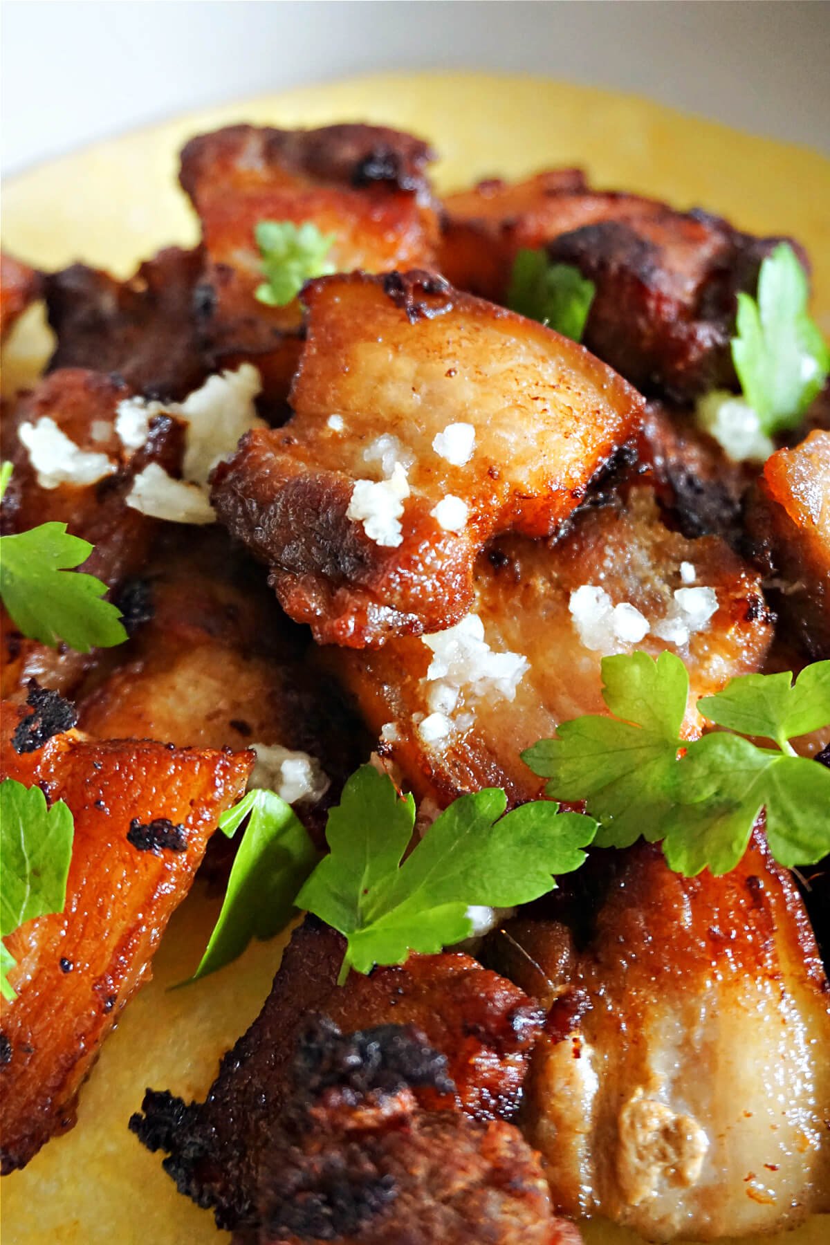 Close-up shoot of pork belly bites garnished with parsley and garlic.