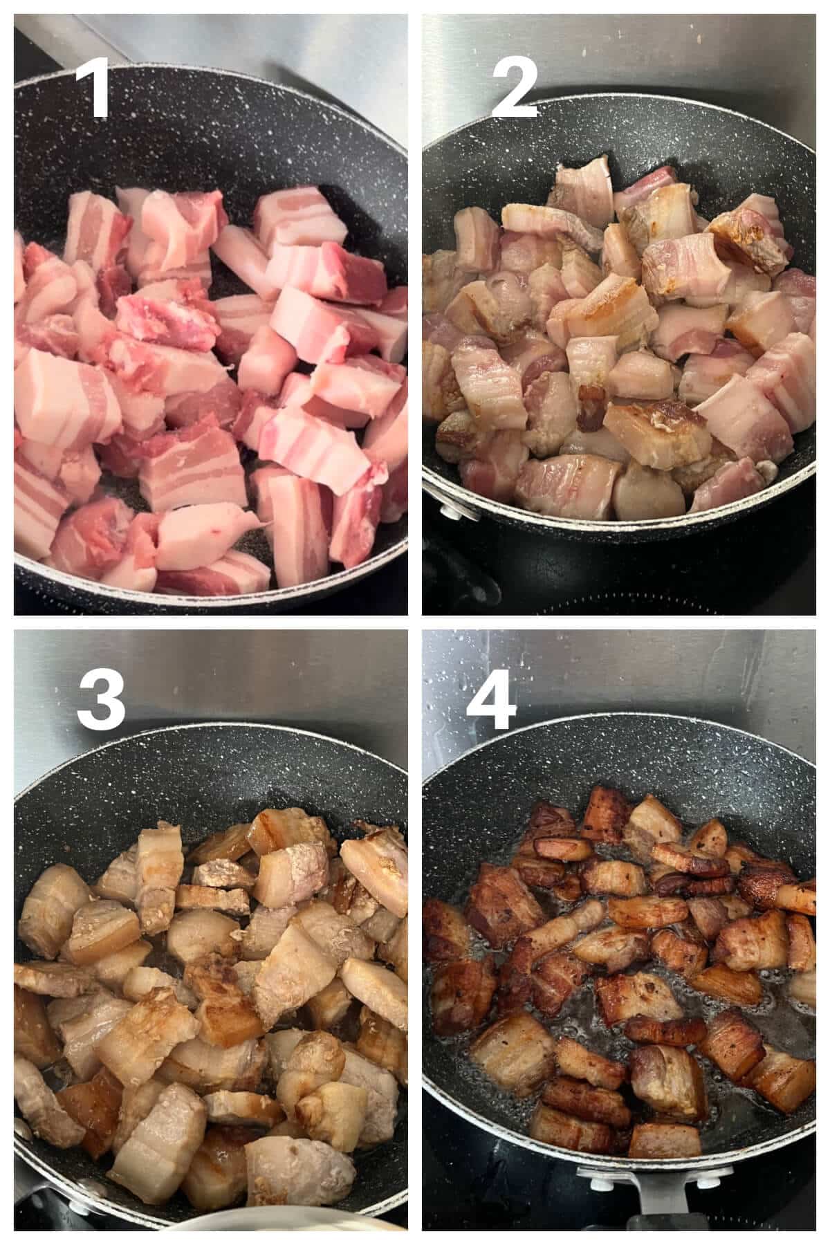 Collage of 4 photos to show how to fry pork belly cubes.