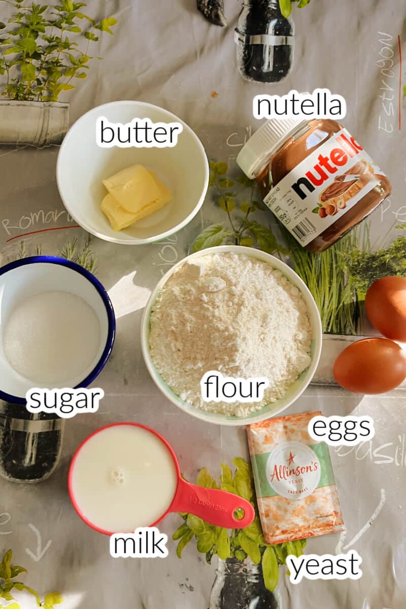 Ingredients used to make pumpkin-shaped nutella buns.