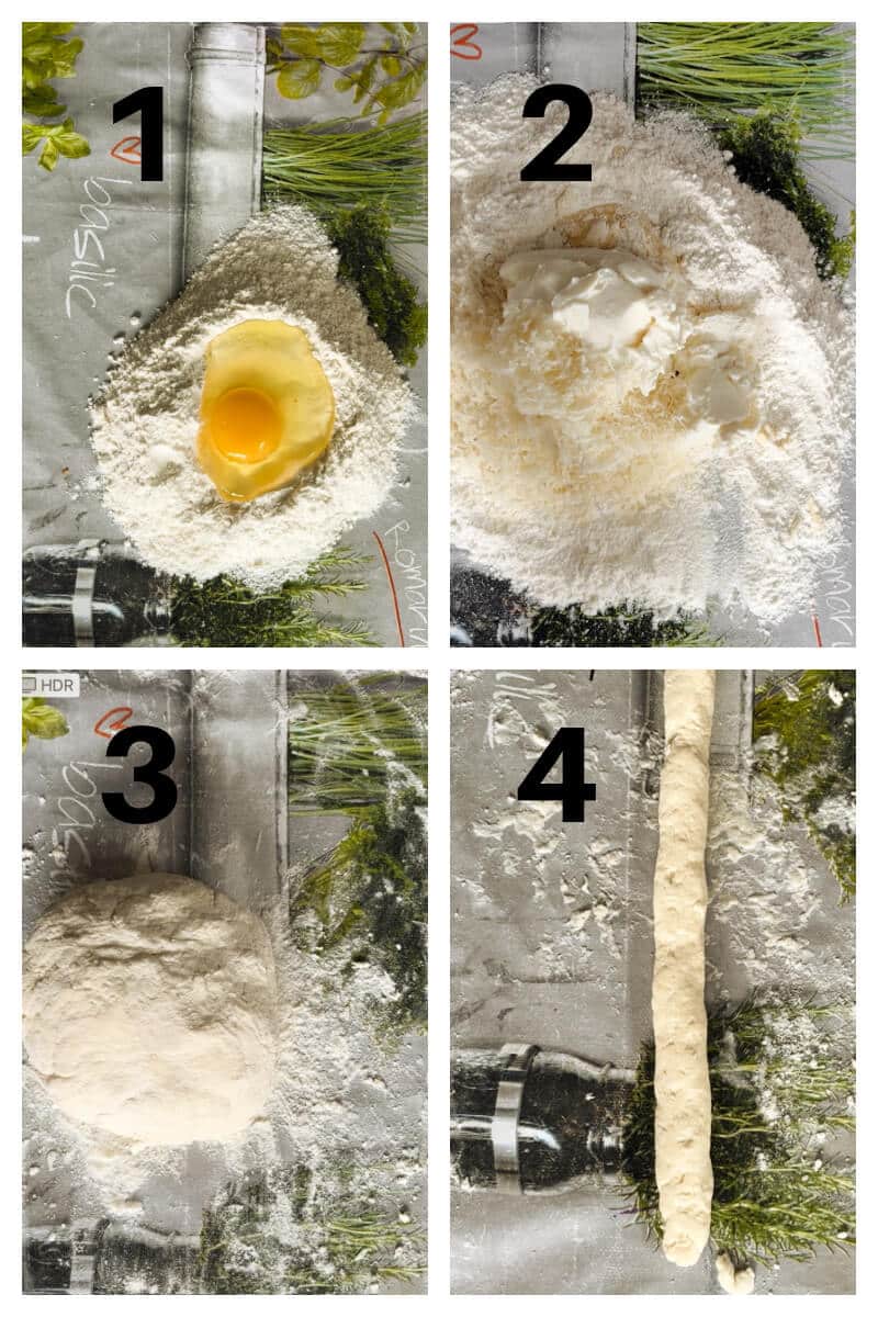 Collage of 4 photos to show how to make ricotta gnocchi.